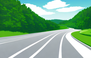 Serene Autobahn mit fahrendem Auto, umgeben von gruener Landschaft und blauem Himmel, symbolisiert sicheres und optimiertes Fahren.