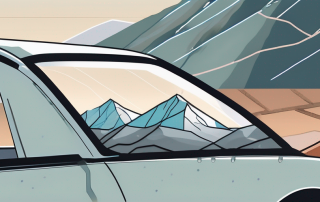 A car windshield with visible cracks and dents from stone impacts