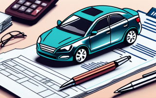 Versicherungsdokumente und Miniaturauto zur Auswahl der richtigen Kfz-Versicherung mit Taschenrechner und Stift zur Kostenbewertung.
