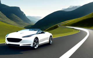 Elegantes Auto auf malerischer Autobahn bei sicherem und oekonomischem Fahren durch ruhige Landschaften.