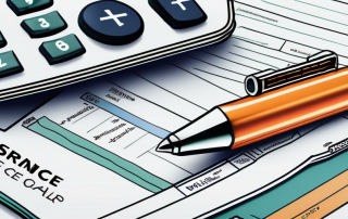 Auto-Versicherungspolicen-Dokumente auf einem Tisch ausgestellt, mit Taschenrechner und Stift zur Auswahl der besten Kfz-Versicherungsoptionen.