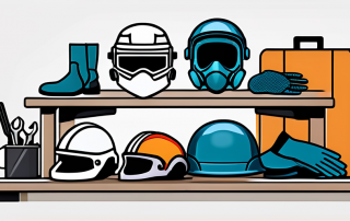 Autosicherheitsausruestung mit Helmen, Handschuhen und Schutzanzuegen auf Werkbank in heller Werkstatt, umgeben von Autoteilen und Werkzeugen, Schwerpunkt auf Fahrersicherheit und Vorbereitung.