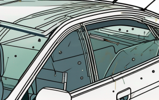 Nahaufnahme einer Windschutzscheibe in einer Autowerkstatt, zeigt markierte Bereiche mit kleinen Reparaturen von Chips und Rissen, neben spezialisierten Werkzeugen und Harz.