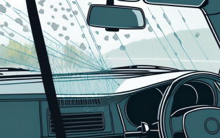 Steinschlagschaeden auf Windschutzscheibe zeigen verminderte Sicht und betonen Wichtigkeit der regelmaessigen Wartung fuer Sicherheit.