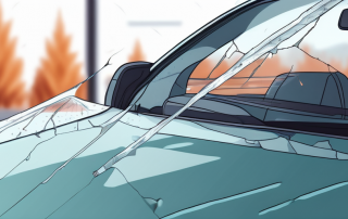 Nahaufnahme einer beschädigten Windschutzscheibe mit Reparaturwerkzeug und Harzapplikator, unscharfer Autoinnenraum im Hintergrund.