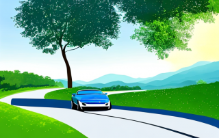 Auto auf landschaftlicher Strasse mit P-Schild vor blauem Himmel und gruenen Baeumen, Symbol fuer Freiheit und Sicherheit.