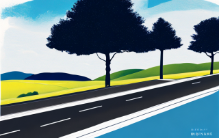 Modernes Auto auf malerischer Strasse vor landschaftlicher Kulisse und blauem Himmel.