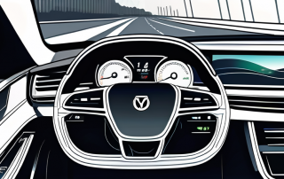 Nahaufnahme des Armaturenbretts und Lenkrads eines Autos mit modernen Sicherheitsfunktionen und klarem Display vor unscharfer Strasse, betont Bereitschaft fuer unvorhersehbare Fahrbedingungen.