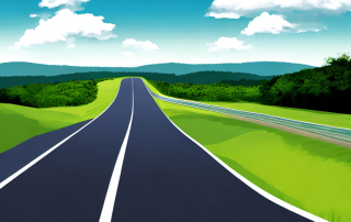 klare autobahn mit kompaktem auto im vordergrund, sicherheit und sanftes fahren, gruenes laub und sonniger himmel im hintergrund