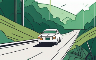 Auto faehrt auf gut erhaltenem Highway umgeben von gruenem Dickicht, betont Abstand halten zur Vermeidung von Steinschlaegen.