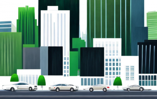 Stadtlandschaft mit modernen Buerogebaeuden, gruene Flaechen, verschiedene Autos auf gepflegten Strassen, Sicherheit und passende Versicherung betont.