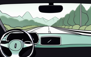 Auto-Innenansicht mit klarem Blick durch Windschutzscheibe auf eine ruhige Strasse umgeben von Natur, ideal fuer entspanntes Fahren.