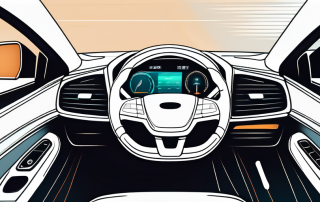 Modernes Auto-Cockpit und Lenkrad mit Sicherheitsfunktionen zur Minimierung von Ablenkungen beim Fahren, innovative Technologien fuer Fahrerschutz.