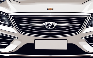 Nahaufnahme der Front eines Autos mit Scheinwerfern und Kuehlergrill vor verschwommenem staedtischen Hintergrund, betont elegantes und modernes Design.