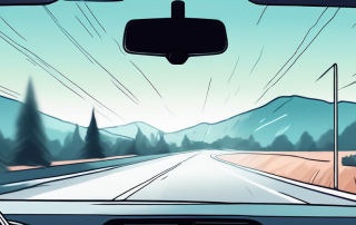 Nahaufnahme einer sauberen, unbeschaedigten Autofrontscheibe mit Fokus auf Klarheit und unscharfer Strasse im Hintergrund, betont Schutzmassnahmen gegen Steinschlaege.