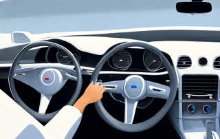 Auto-Innenraum poliertes Armaturenbrett Lenkrad geparkt ruhige Vorstadtumgebung