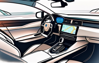 Modernes Autoinnenraumdesign mit erweiterten Sicherheitsfunktionen und ergonomischen Elementen fuer aeltere Fahrer, inklusive GPS und automatischen Notfallsystemen zur Foerderung von Sicherheit und Mobilitaet.