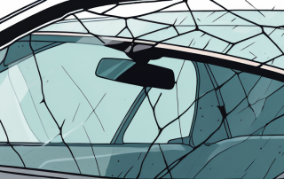 Nahaufnahme einer beschädigten Windschutzscheibe mit Rissen, verursacht durch kleine Steine oder Schmutz, betont Dringlichkeit und Häufigkeit von Fahrzeugschäden.