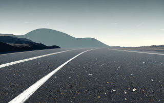 Autowindschutzscheibe mit Rissen und Steinschlag vor malerischer Autobahn.