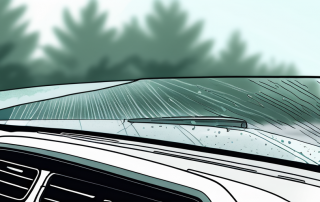 Nahaufnahme der Windschutzscheibe eines Autos, zeigt typische Schadenspunkte durch Strassenreste und betont die Textur und Klarheit des Glases.