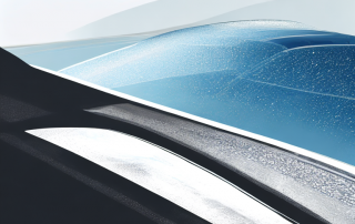 Nahaufnahme einer Windschutzscheibe mit Riss durch Steinschlag, modernes Auto im Hintergrund in urbaner Umgebung.