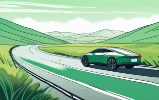 Klare Windschutzscheibe mit sichtbarer Schutzbeschichtung vor einer leeren Strasse in gruener Landschaft.