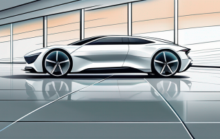 Moderner, eleganter Auto im Showroom mit sanfter Beleuchtung, der Design und Konturen betont, ideal fuer Automobil-Exzellenz und Kundenzufriedenheit, inklusive dezentem Autohaendler-Ambiente zur Darstellung von Verhandlung und Auswahl.