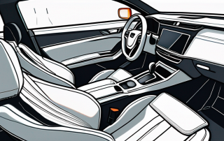 Autoinnenraum mit Sicherheitsfunktionen wie Airbags, Sicherheitsgurte und Anzeigetafel fuer Sicherheitsmeldungen.