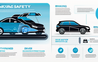 Auto-Sicherheitsfunktionen mit Bremssystemen, Airbags und Sicherheitsgurten, sowie Symbole fuer elektronische Stabilitaetskontrolle und Reifendruckueberwachung zur Steigerung der Fahrersicherheit.