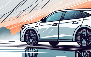 Auto mit fortschrittlichen Sicherheitsfunktionen navigiert bei schlechtem Wetter, Technologie und Vorsorge fuer Fahrersicherheit.