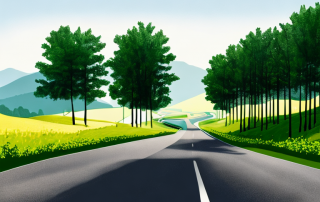 Einsame Strasse durch malerische Landschaft, Auto unterwegs, friedliches Fahren, Sonnenlicht durch Baeume, Wichtigkeit Autoversicherung.