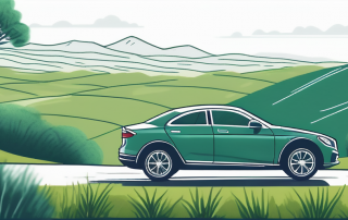 Auto auf Aussichtspunkt mit gruenen Huegeln im Hintergrund, Symbol fuer kluge Wahl bei der Kfz-Versicherung zur Kostenreduktion.