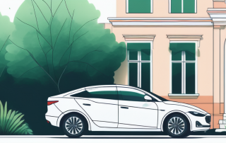 Unmarkiertes Auto geparkt auf ruhiger Strasse mit ueppigem Gruen, betont Sicherheit und Schutz durch Autoversicherung, sanfte Beleuchtung hebt elegantes Design hervor.