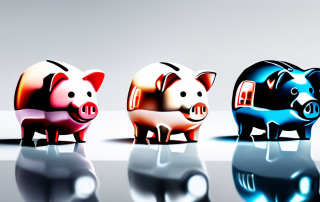 Drei Sparschweine fuer unterschiedliche Kfz-Versicherung Sparoptionen auf reflektierender Oberflaeche mit weichem Licht betont.