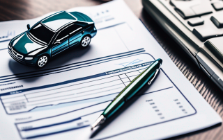 Nahaufnahme von Kfz-Versicherungsdokumenten, Stift und kleinen Spielzeugautos, ordentlich angeordnet im Buero, um die Wichtigkeit von Detailgenauigkeit bei der Wahl einer Autoversicherung zu betonen.