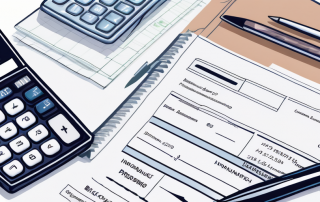 Versicherungsdokumente mit Taschenrechner und Stift auf einem Buero-Schreibtisch fuer kostenguenstige Kfz-Versicherungsplanung.