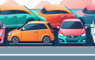 Bunte, ordentlich ausgerichtete Autos auf einem Parkplatz, die Versicherungsoptionen darstellen, mit Symbolen fuer Schutz, Kosten und Servicequalitaet ueber jedem Auto.