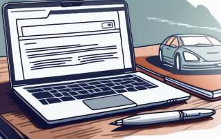 Laptop geoeffnet mit Webseite fuer Kfz-Versicherung und Notizblock mit Stift fuer Informationen zur Online-Autoversicherung.