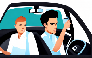 Junger Fahrer und erfahrener Fahrer im Auto, symbolisiert begleitetes Fahren, mit Versicherungspolicen und Sparsymbolen.