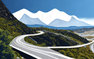 Raue Berglandschaft mit kurviger Strasse, Schutznetzen und Barrieren zur Fahrzeug-Sicherheit.