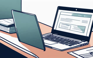 Ruhiges Buero mit offenem Laptop auf einer Kfz-Versicherungswebseite, umgeben von ordentlich angeordneten Dokumenten zu Autobesitz und Versicherungspolicen.