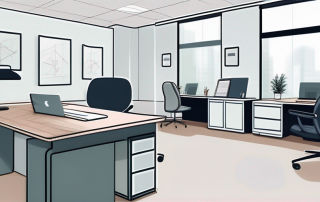 Ordentliches Buero mit ergonomischen Moebeln und deutlicher Beschilderung zu Sicherheitsprotokollen, inklusive Schutzausruestung und Hinweispostern.