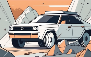 A car on a rocky road with a protective shield around it