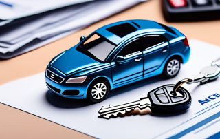 Autoversicherungsunterlagen, Autoschluessel und Miniaturauto auf Buero-Tisch, strategische Wahl der richtigen Kfz-Versicherung.