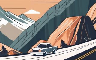 A car parked on a mountain road with falling rocks nearby