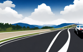 Junger Fahrer mit aelterem Beifahrer auf landschaftlicher Autobahn beim Fahrtraining.