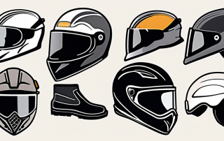 Fahrersicherheitsausruestung wie Helme, Handschuhe und Schutzkleidung, ohne Markenlogos, betont Sicherheitsbedeutung.