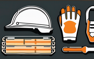 Sicherheitsausruestung wie Helme, Handschuhe und Schutzbrillen mit Planungsdokumenten und Checklisten im Hintergrund zur Betonung von Fahrerschutz und Praevention.