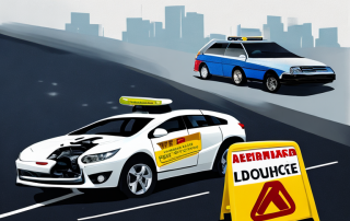 Besorgter Fahrer begutachtet beschaedigtes Auto, betont richtige Versicherung fuer begleitetes Fahren, mit verschwommenem Verkehr und Warnschild im Hintergrund.