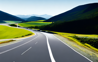 Auto auf malerischer Strasse mit landschaftlicher Kulisse und Begleitfahrzeug enfatisiert Sicherheit und Begleitung.